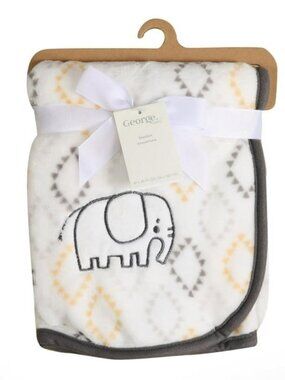 George Baby Elephant Security Blanket With Applique Grey Yellow Diamonds NWT
